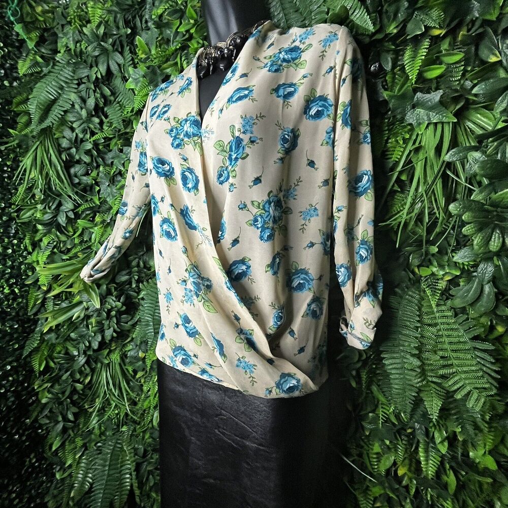 PINKLINE Tops Women Small Beige Blouse Floral Blue Detail Faux Wrap‎ Sheer  0726